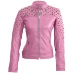 Leather Skin Women Pink Quilted Gold Studded Skeletons Genuine Leather Jacket