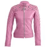 Leather Skin Women Pink Spike Skeleton Studs Genuine Leather Jacket