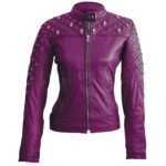 Leather Skin Women Purple Quilted Gold Studded Skeletons Genuine Leather Jacket