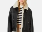 Black Ave Sheepskin Shearling Collar Leather Jacket For Women