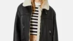 Black Ave Sheepskin Shearling Collar Leather Jacket For Women