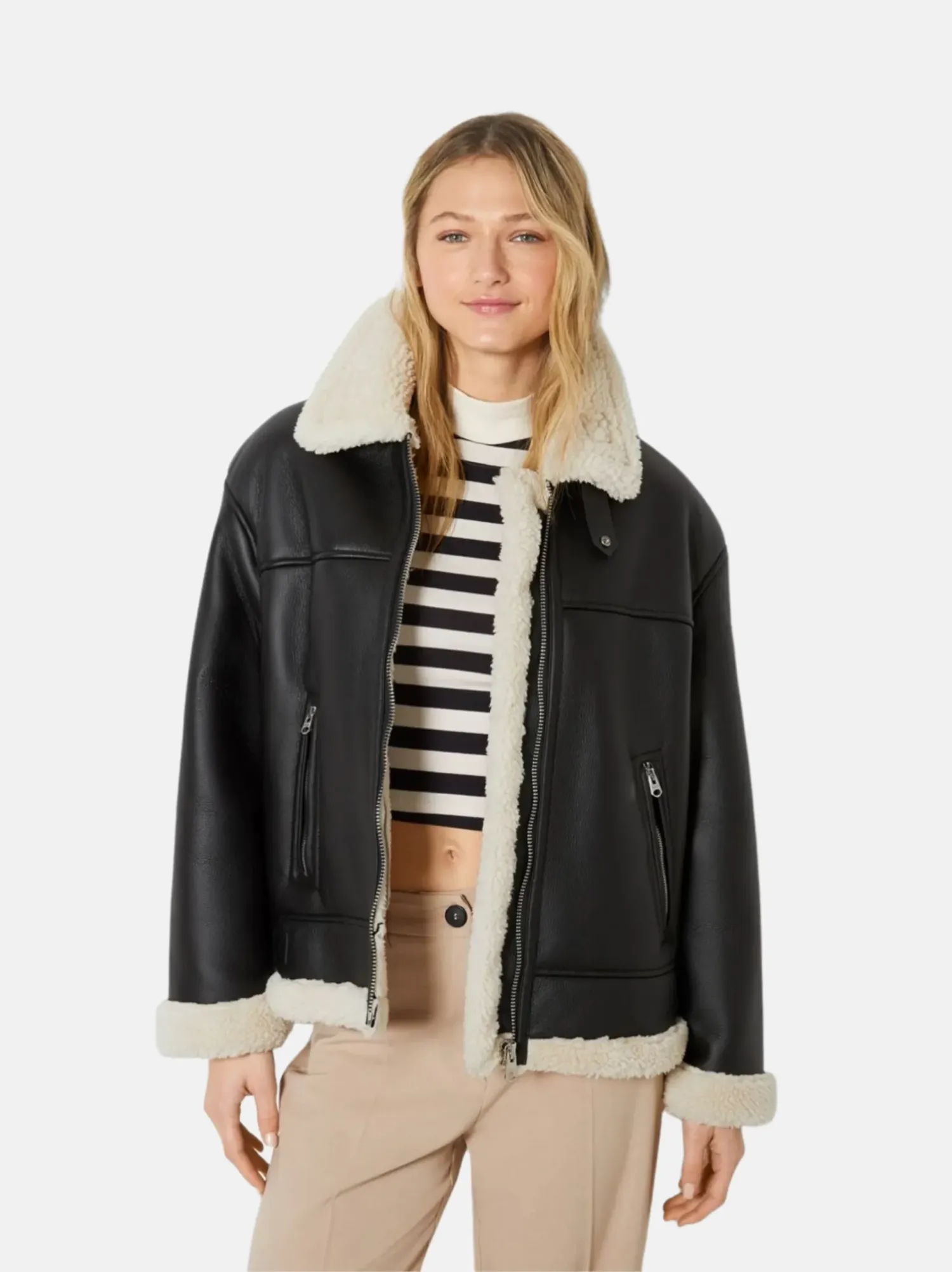 Black Ave Sheepskin Shearling Collar Leather Jacket For Women Black Ave Sheepskin Shearling Collar Leather Jacket For Women