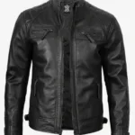 Men's Black Leather Biker Style Jacket - Quilted Shoulder