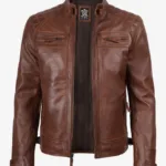 Men's Cognac Biker Style Leather Jacket - Quilted Shoulder
