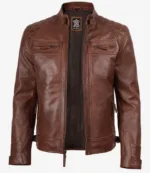 Men's Cognac Biker Style Leather Jacket - Quilted Shoulder