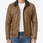 Mens Dark Brown Collar Camel Waxed Leather Trucker Jacket