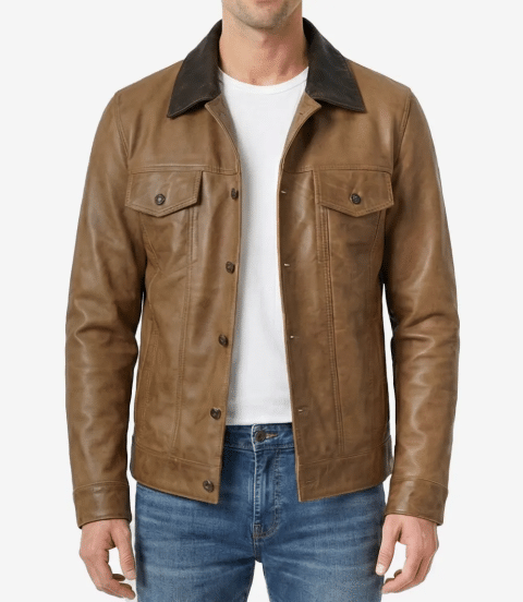 Mens Dark Brown Collar Camel Waxed Leather Trucker Jacket Mens Dark Brown Collar Camel Waxed Leather Trucker Jacket