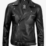 Negan Men's Black Asymmetrical Belted Biker Style Leather Jacket
