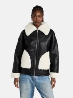 Real Sheepskin Shearling Black Leather Jacket For Women