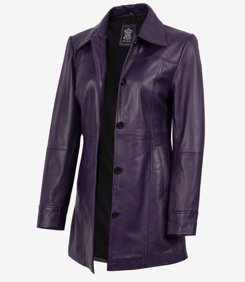 Women's 3/4 Length Purple Leather Button Down Coat Women's 3/4 Length Purple Leather Button Down Coat