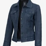 Womens Blue Washed Trucker Leather Jacket