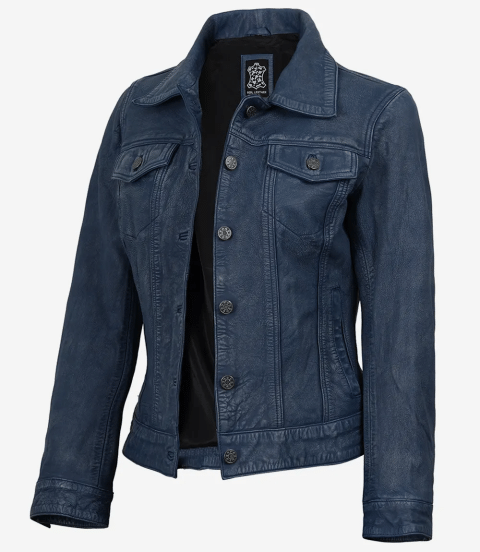 Womens Blue Washed Trucker Leather Jacket Womens Blue Washed Trucker Leather Jacket