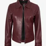 Womens Shirt Collar Burgundy Leather Jacket