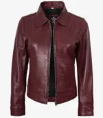 Womens Shirt Collar Burgundy Leather Jacket