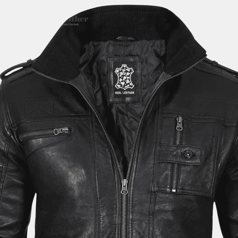 Mens Black Waxed Cafe Racer Leather Jacket - Image 2