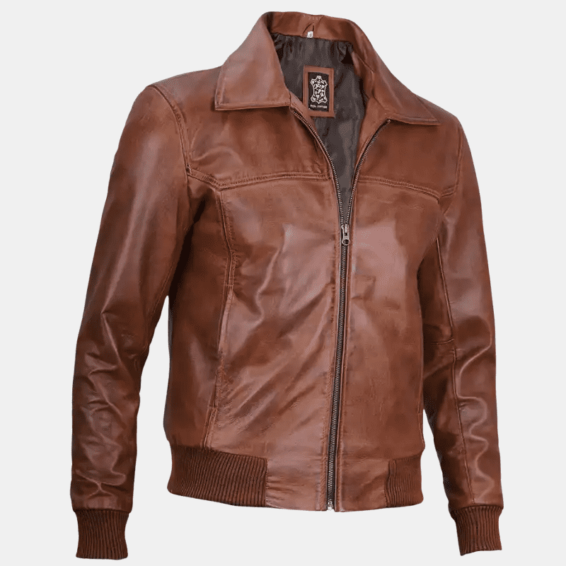 Vintage Brown Leather Harrington Bomber Jacket Timeless Style - Image 4