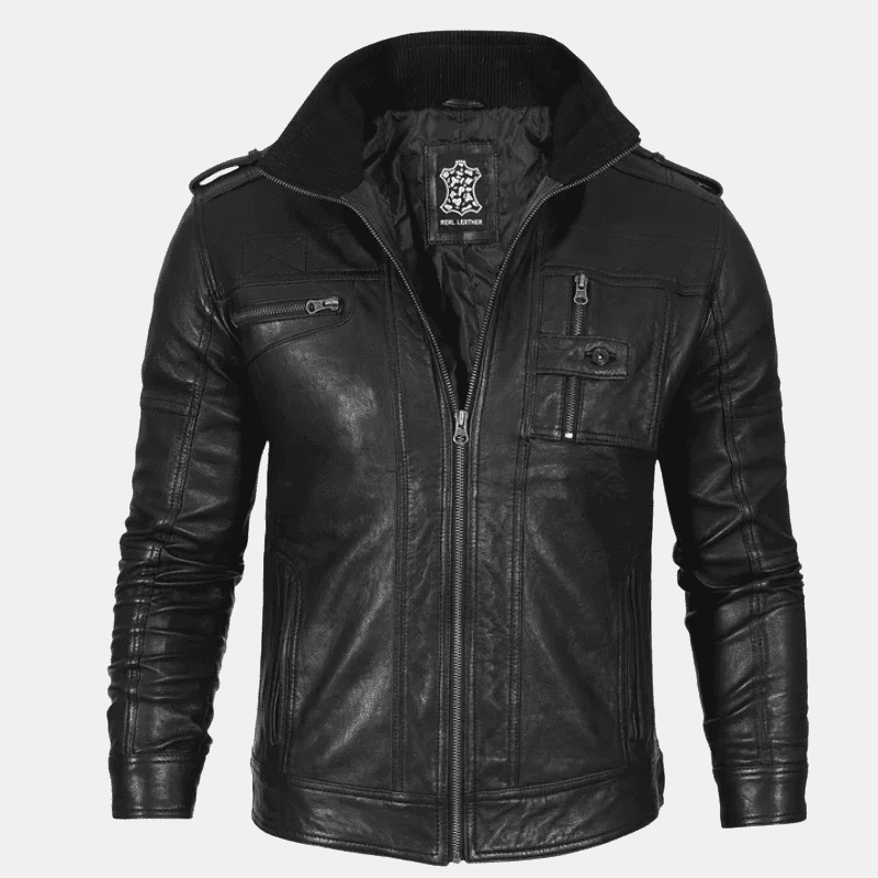 Mens Black Waxed Cafe Racer Leather Jacket - Image 1