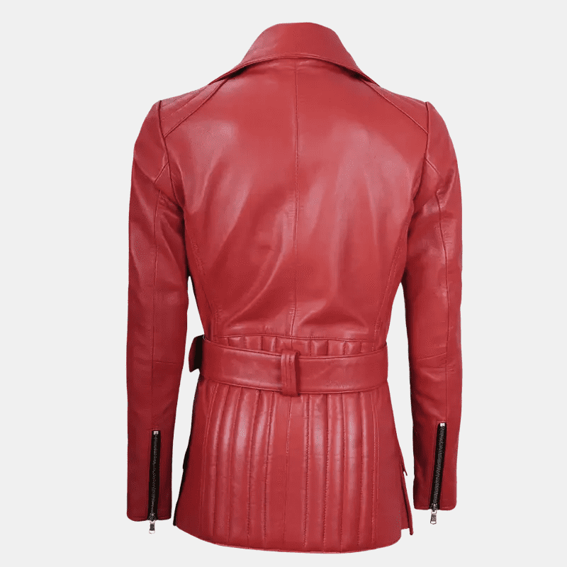 Asymmetrical Red Leather Jacket for Women with Belt - Image 4