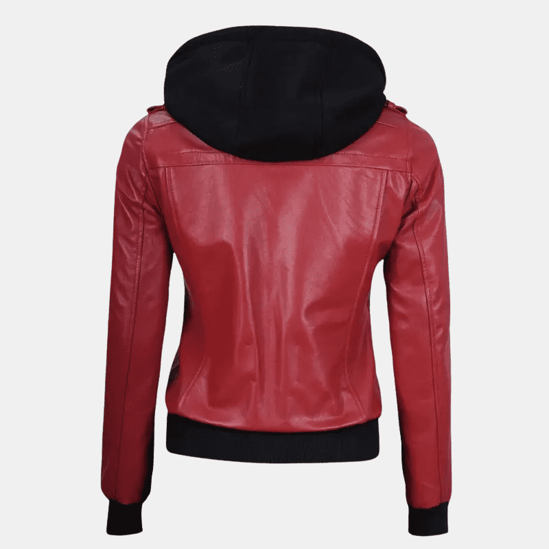 Trendy Red Leather Jacket with Removable Hood for Women - Image 6