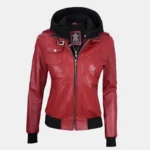 Women's Red Leather Jacket with Removable Hood - Image 4
