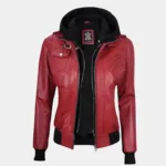 Women's Red Leather Jacket with Removable Hood - Image 3