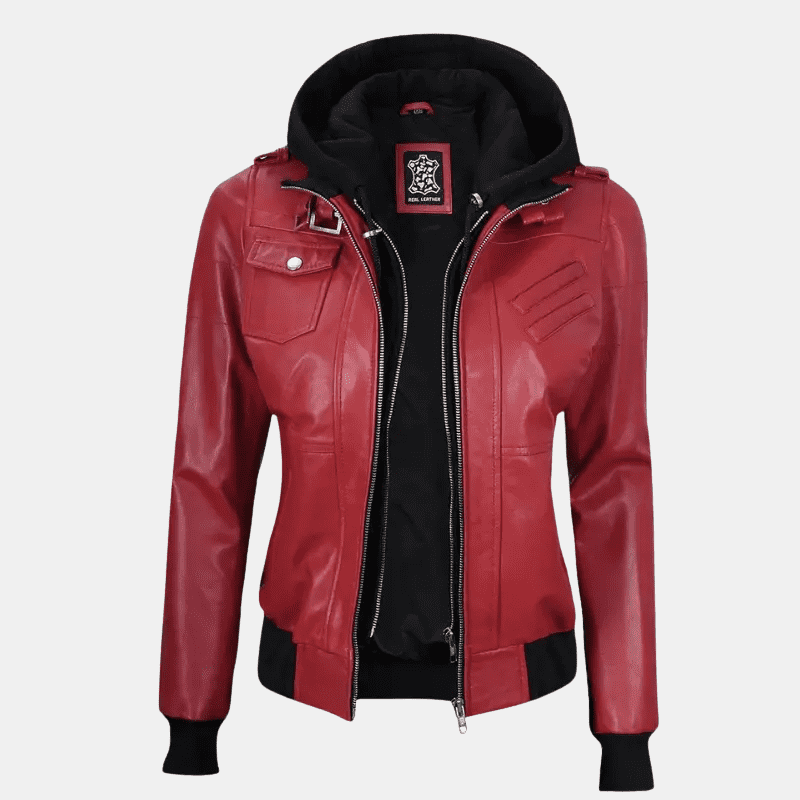 Trendy Red Leather Jacket with Removable Hood for Women - Image 3