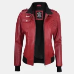 Women's Red Leather Jacket with Removable Hood