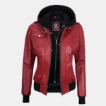 Women's Red Leather Jacket with Removable Hood - Image 2