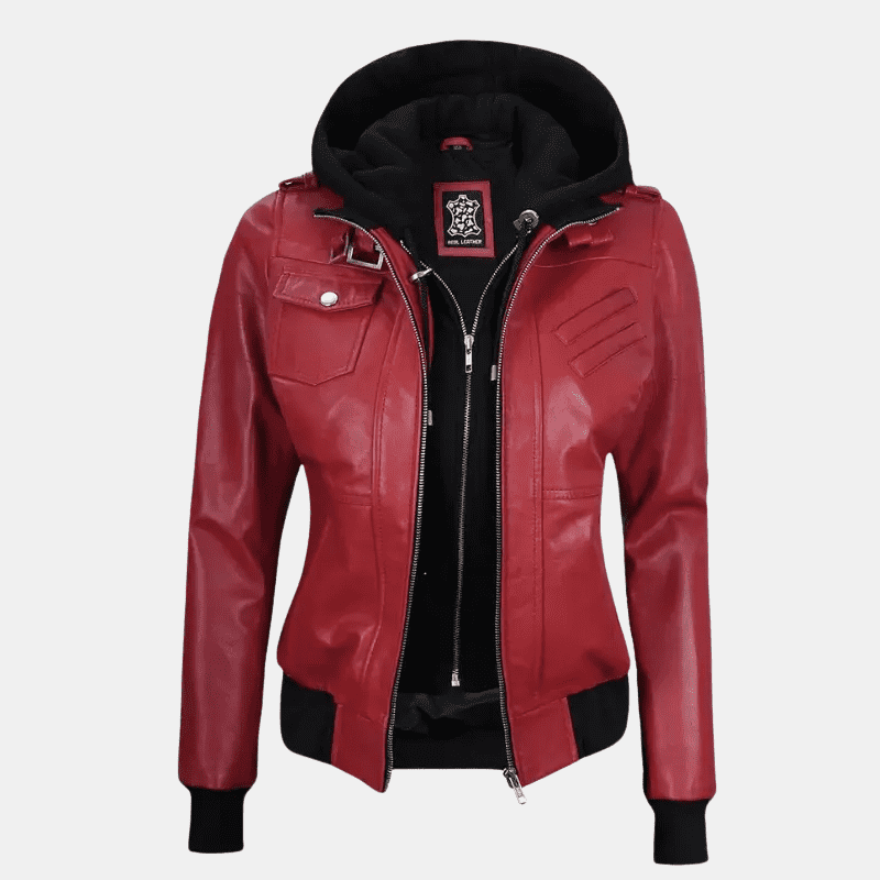 Trendy Red Leather Jacket with Removable Hood for Women - Image 2