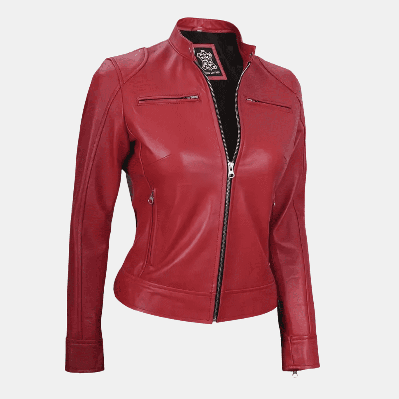 Women's Red Dodge Cafe Racer Leather Jacket - Image 3