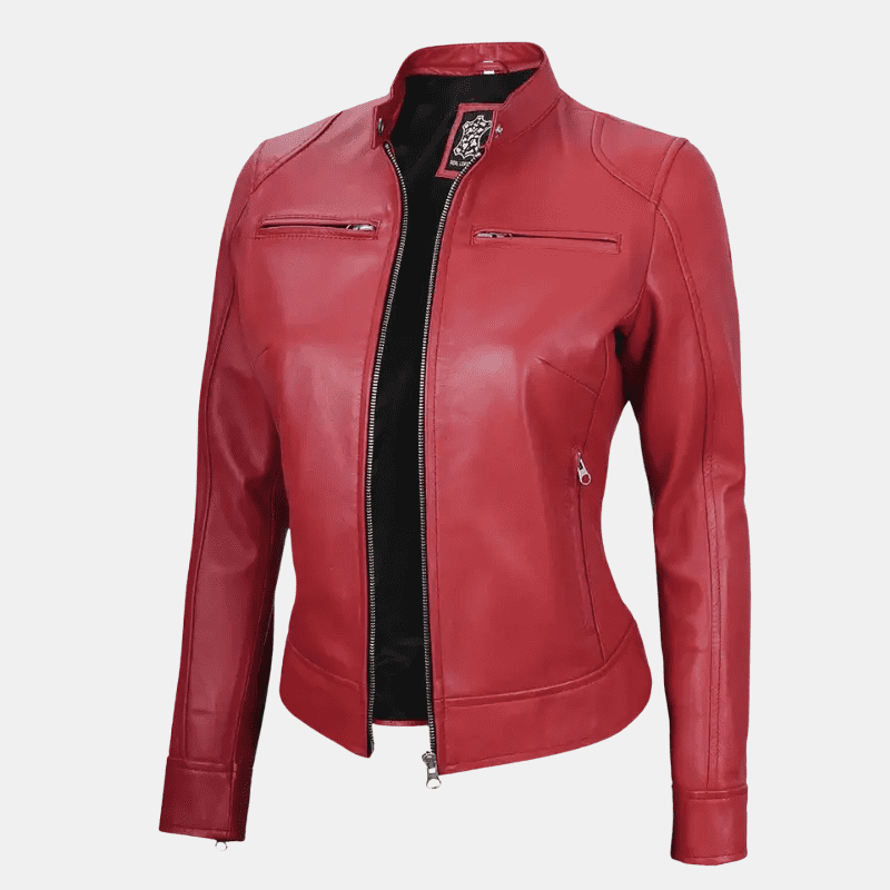 Women's Red Dodge Cafe Racer Leather Jacket - Image 2