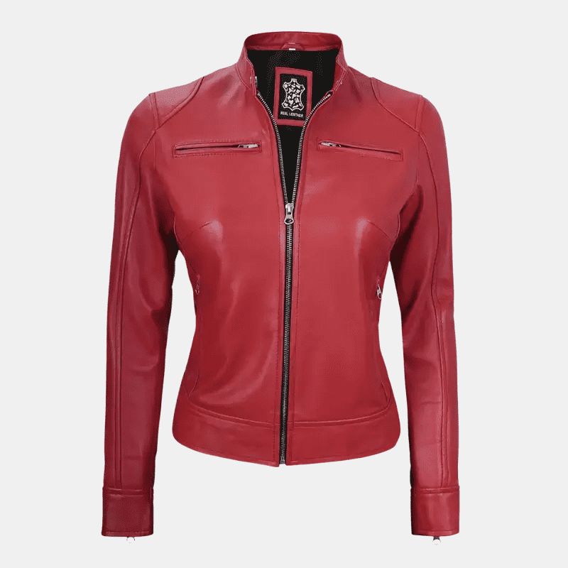 Women's Red Dodge Cafe Racer Leather Jacket - Image 1