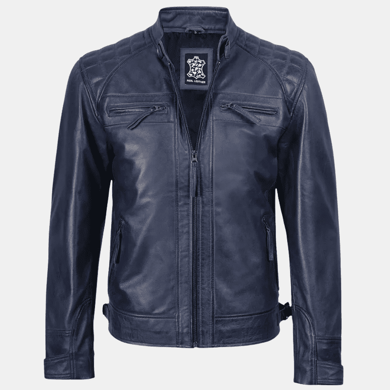 Men's Blue Leather Wax Cafe Racer Biker Jacket - Image 2