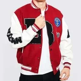 B Patch Varsity Jacket | Letter B Varsity Bomber with Faux Leather Sleeves