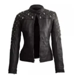 Leather Skin Women Black Shoulder Quilted with Gold Studs and Skeletons Genuine Leather Jacket